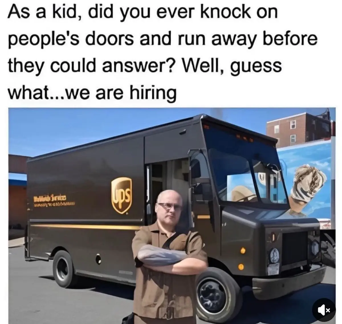 A man in a brown UPS uniform stands with arms crossed in front of a brown UPS delivery truck. The overlaid text reads: 'As a…