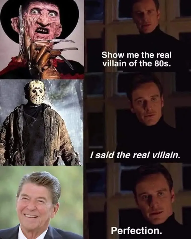 The image is a four-panel meme. The left column shows three iconic 1980s horror villains: Freddy Krueger with his…