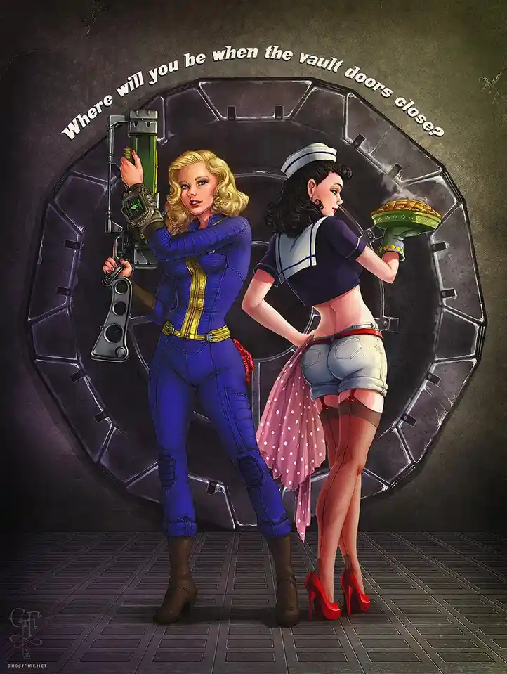 Two women stand before a large vault door. One wears a blue jumpsuit and holds a futuristic weapon. The other wears a pin-up…