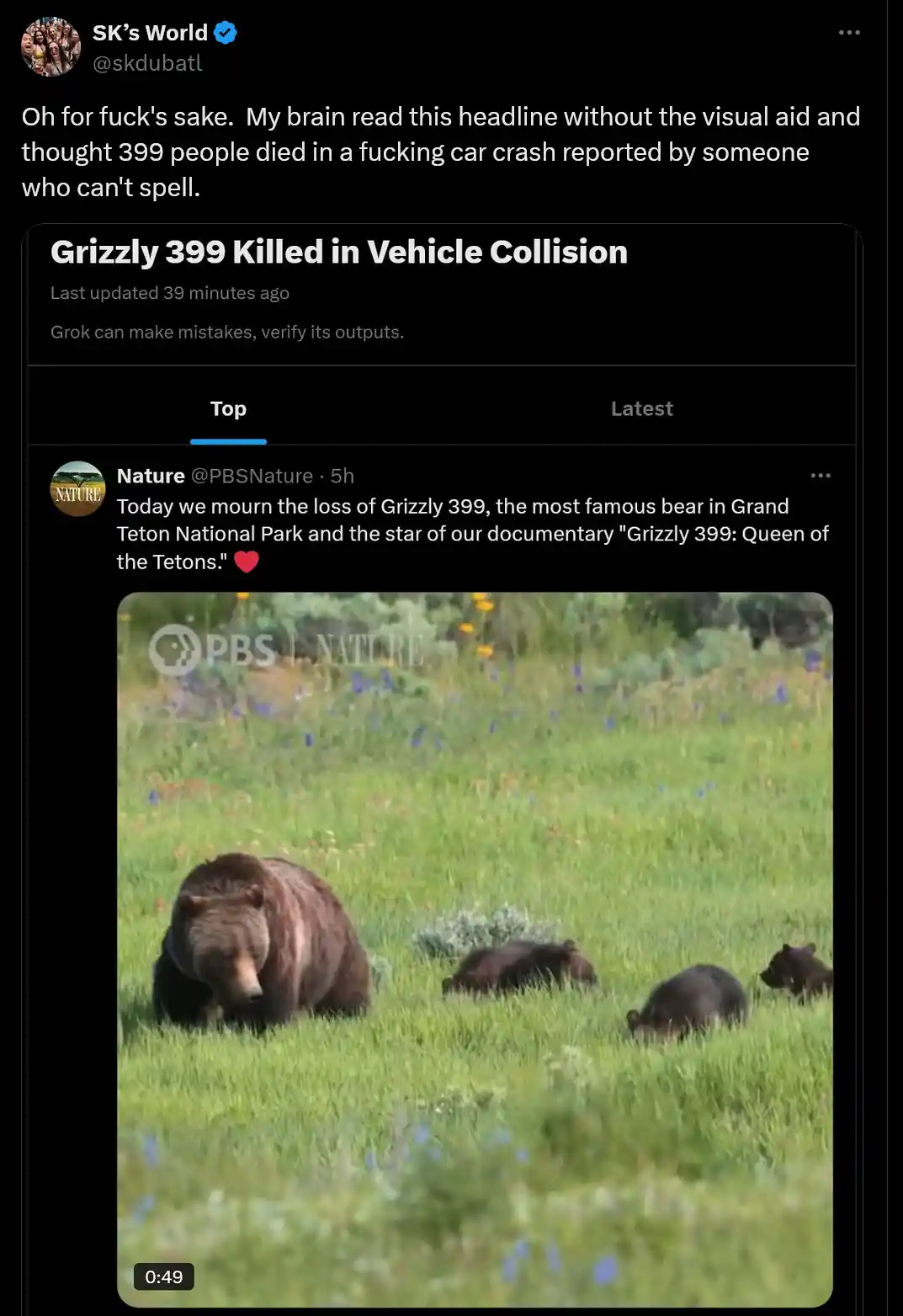 A screenshot of a tweet shows a news headline reading 'Grizzly 399 Killed in Vehicle Collision' above a photo of a large…