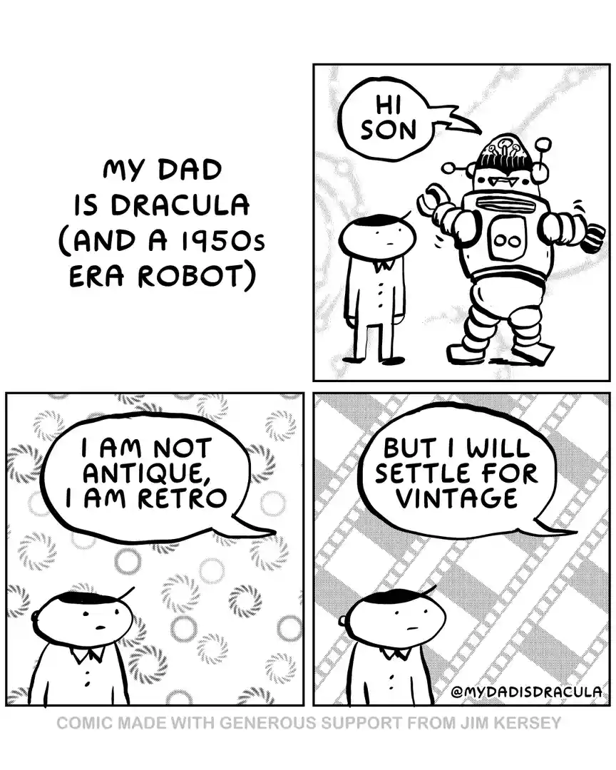 A four-panel comic shows a robot dad introducing himself to his son. In the first panel, the robot says 'HI SON'. In the…