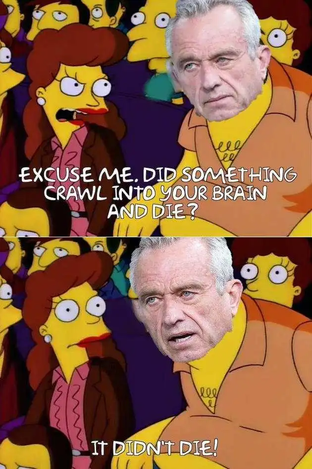 The image is a two-panel meme featuring a man's face photoshopped onto a Simpsons character in a crowd. In the top panel…
