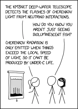 A black-and-white comic strip shows three stick figures looking at a screen displaying vertical light streaks underwater…