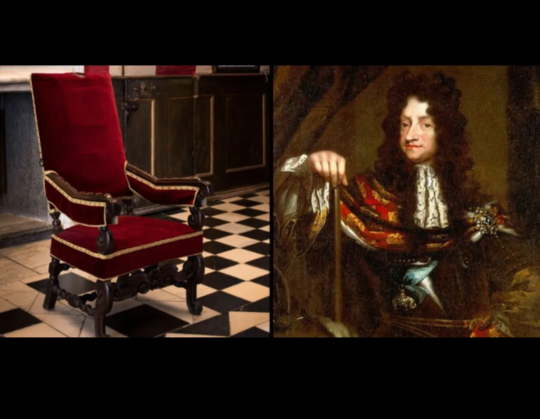 The image is split: left side shows a red velvet throne chair on a black-and-white checkered floor, right side shows a…