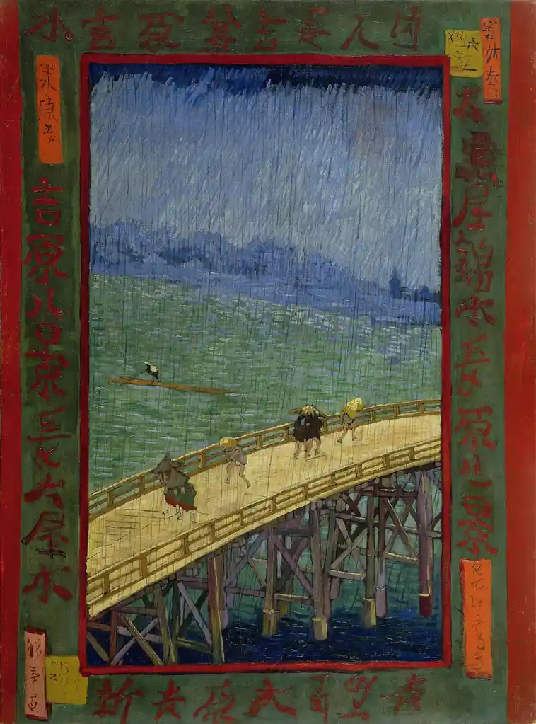 a traditional japanese ukiyo-e style painting depicts a wooden bridge over water under heavy rain, with several figures…