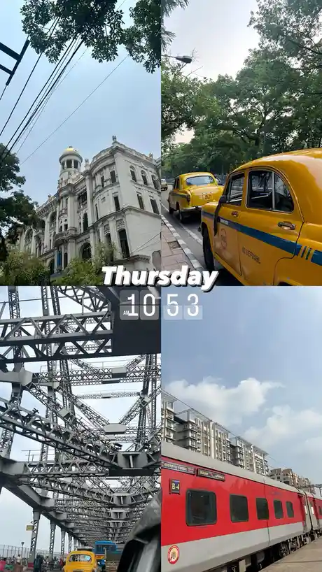 A four-panel collage shows a grand colonial-style building, yellow taxis on a tree-lined street, a metal railway bridge…