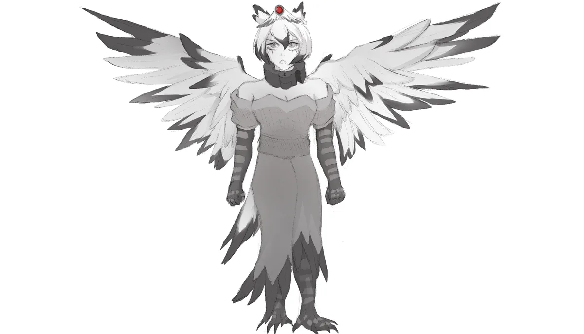 A grayscale anime-style illustration of a humanoid figure with large, spread white wings, cat-like ears, and a red gem on…