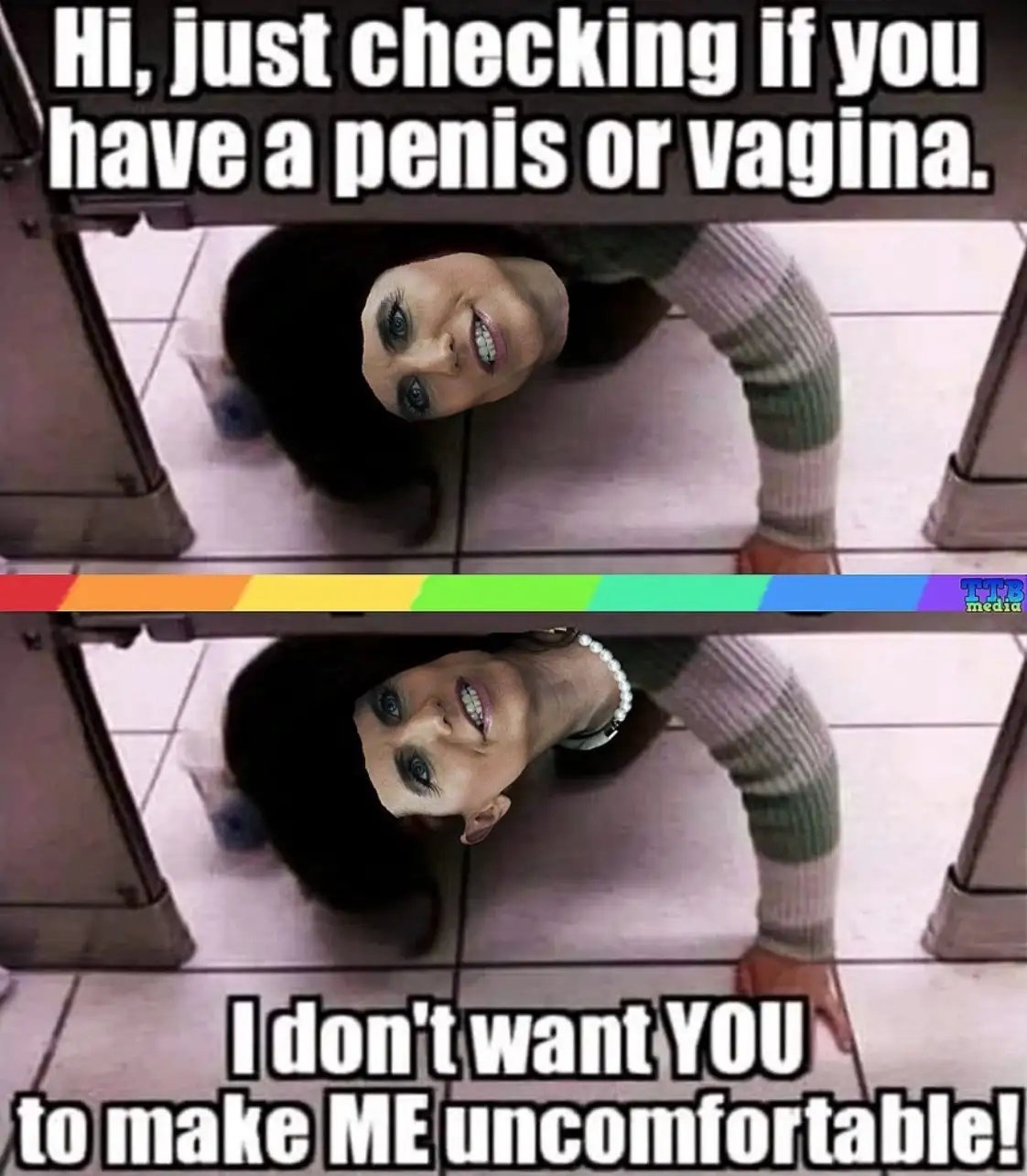 A two-panel meme featuring a woman looking up from under a table, with text overlaid. The top panel reads 'Hi, just checking…