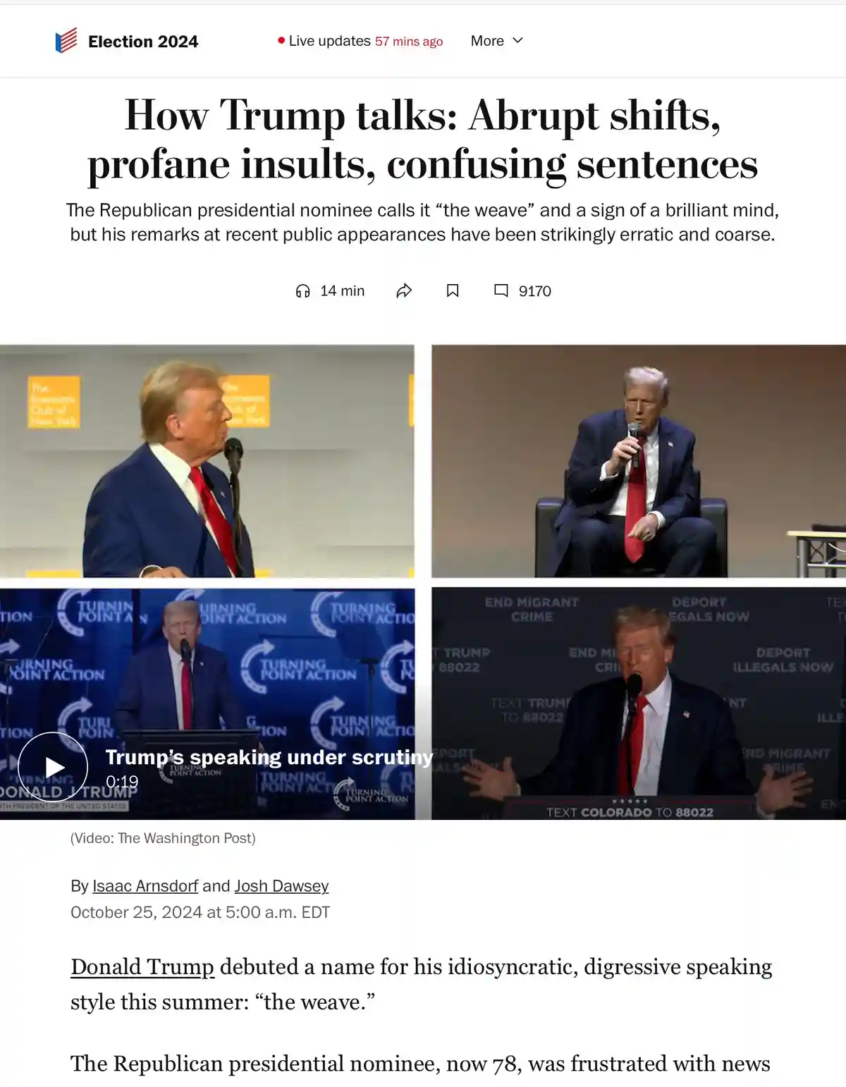 A screenshot of a Washington Post article titled 'How Trump talks: Abrupt shifts, profane insults, confusing sentences'…