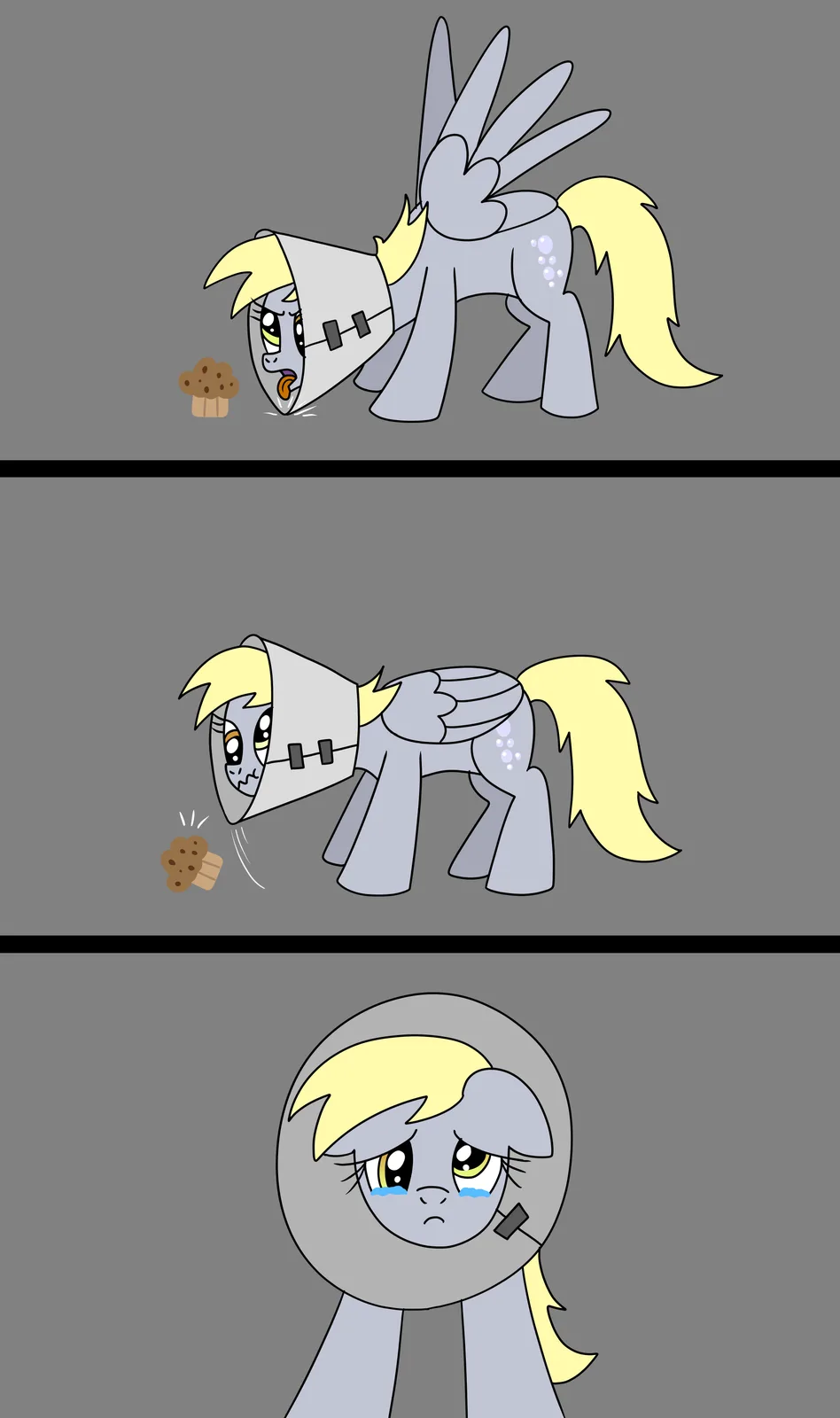 A three-panel comic shows a grey pony with a yellow mane and wings, wearing a grey helmet with a visor. In the first panel…