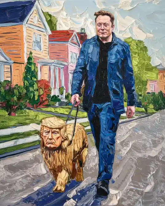 A painted image shows a man resembling Elon Musk walking a golden dog with a face resembling Donald Trump on a suburban…