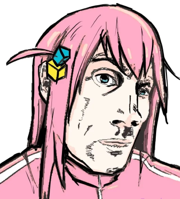 A hand-drawn anime-style illustration of a person with pink hair and blue eyes, wearing a pink hoodie, looking slightly…