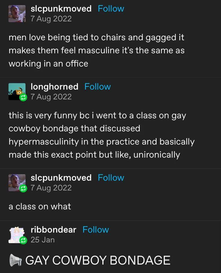 A screenshot of a Twitter thread shows users discussing how men find being tied up and gagged in bondage arousing, comparing…