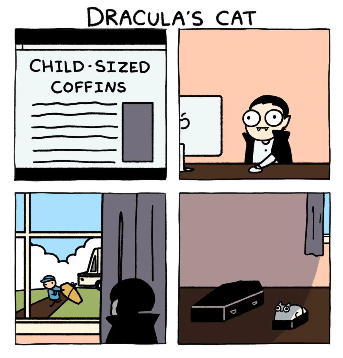 A four-panel comic shows Dracula browsing an online store for 'CHILD-SIZED COFFINS', then watching a delivery person bring…