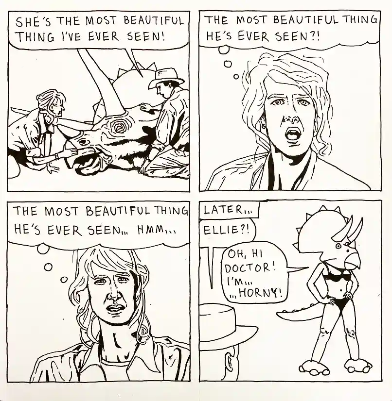 A four-panel black-and-white comic strip parodying Jurassic Park, showing a man praising a triceratops as 'the most…