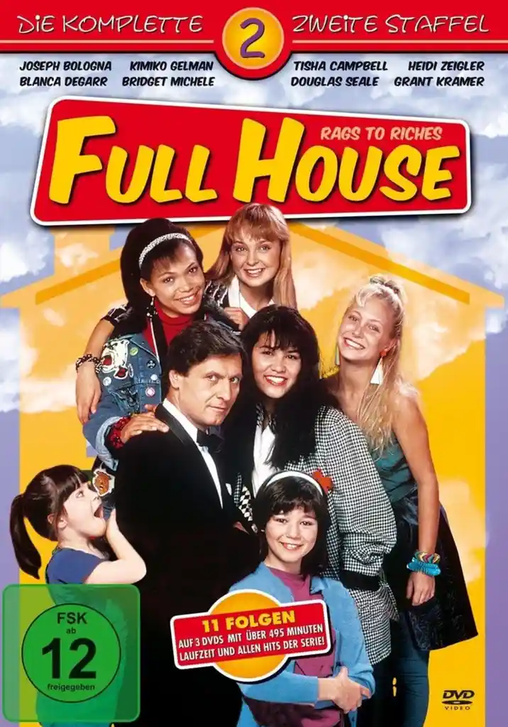 A German DVD cover for 'Full House' Season 2, featuring the cast smiling in front of a yellow house outline. The title is in…