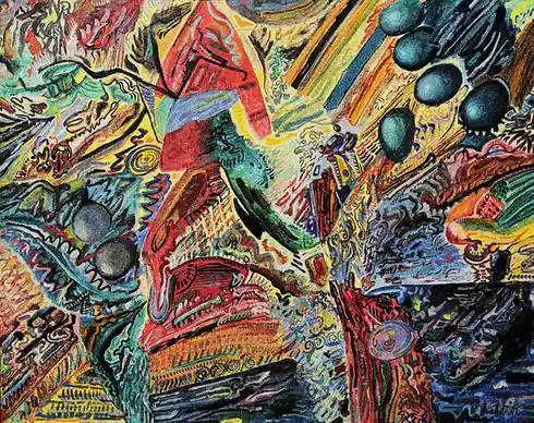 A colorful, chaotic abstract painting with swirling lines, distorted shapes, and vibrant, clashing hues depicts a surreal…