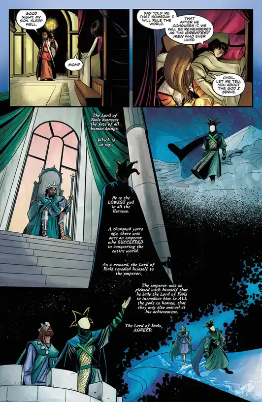 A comic panel shows a mother tucking her son into bed, where he dreams of conquering the world. She then tells him about the…