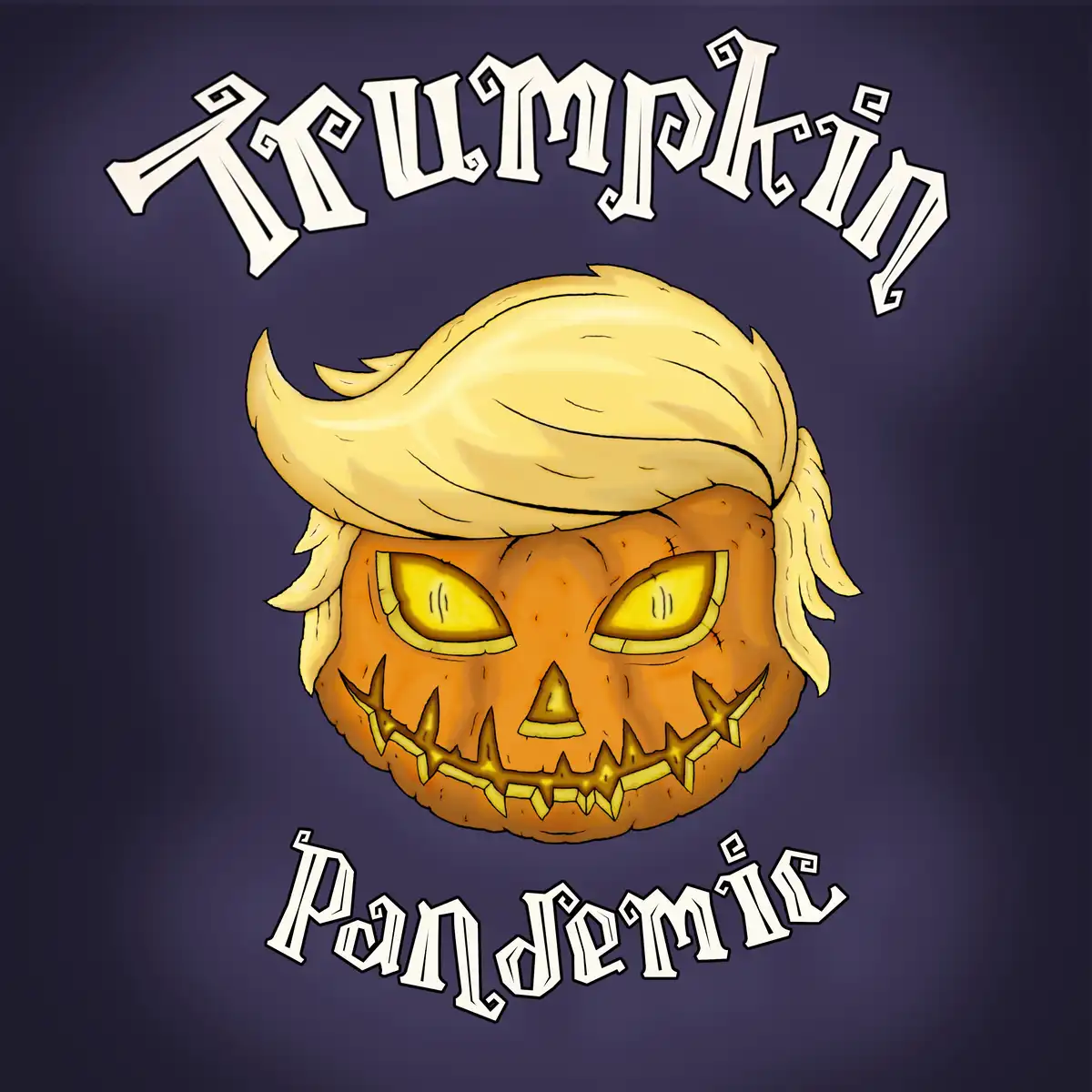 A cartoon jack-o'-lantern with a pumpkin face, glowing yellow eyes, and a jagged toothy grin, topped with a blonde comb-over…