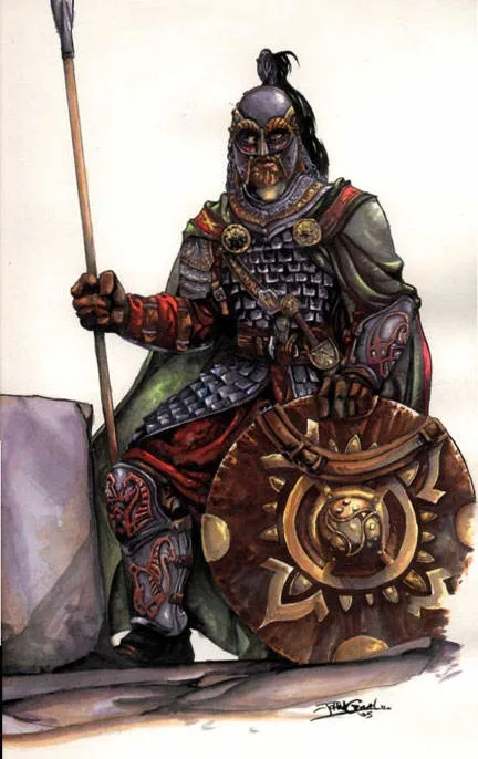 A heavily armored fantasy warrior with a helmet, holding a spear and a large ornate shield, sits on the ground. The image…