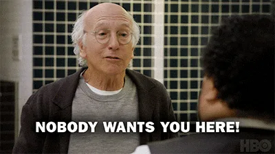 The image displays six identical panels showing Larry David from the TV show 'Curb Your Enthusiasm' repeatedly shouting…