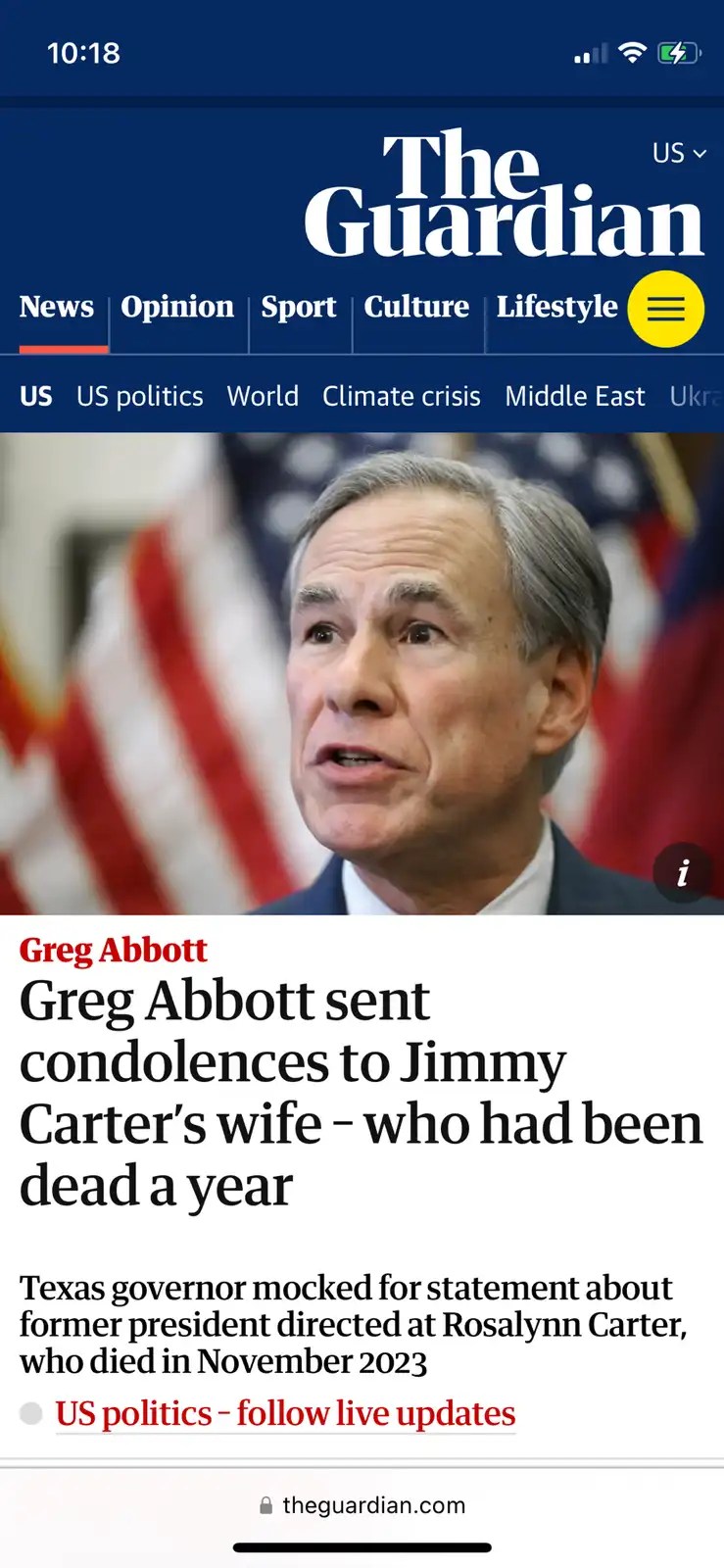 A screenshot of The Guardian's mobile news article shows a photo of Texas governor Greg Abbott with overlaid text stating he…