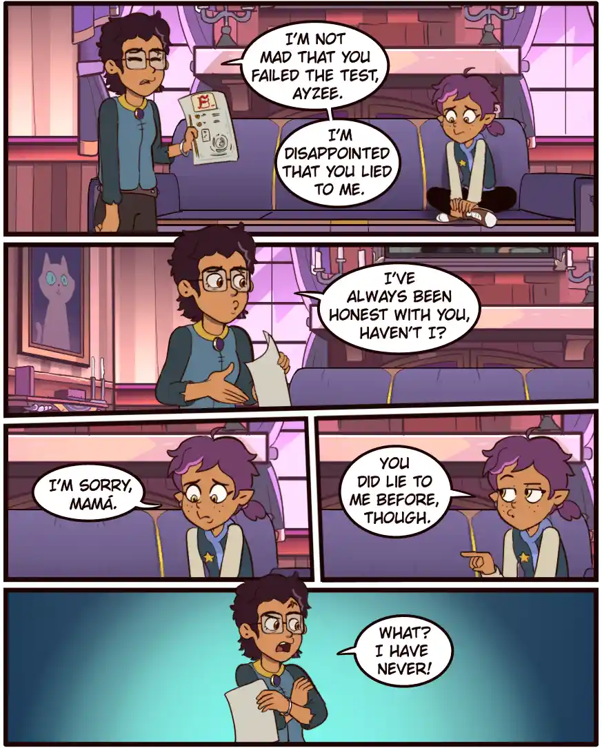 A four-panel comic strip from 'The Owl House' shows a mother holding a failing grade report for her daughter Ayze. The…