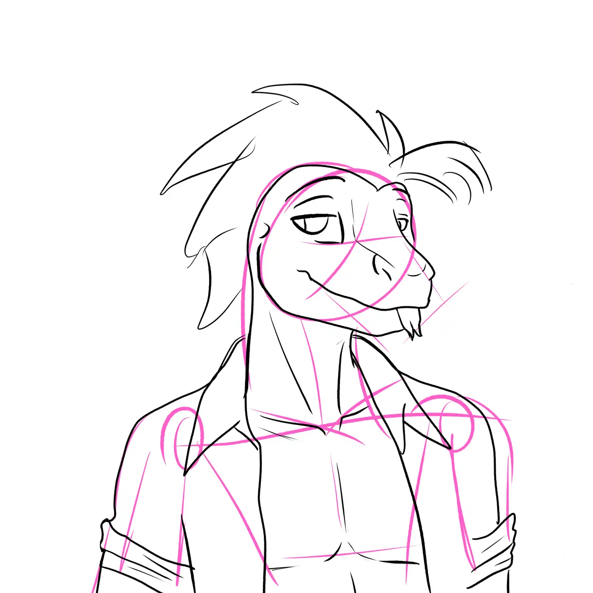 A black-and-white line drawing of a dragon-like character with spiky hair and a smirk, overlaid with pink construction lines…