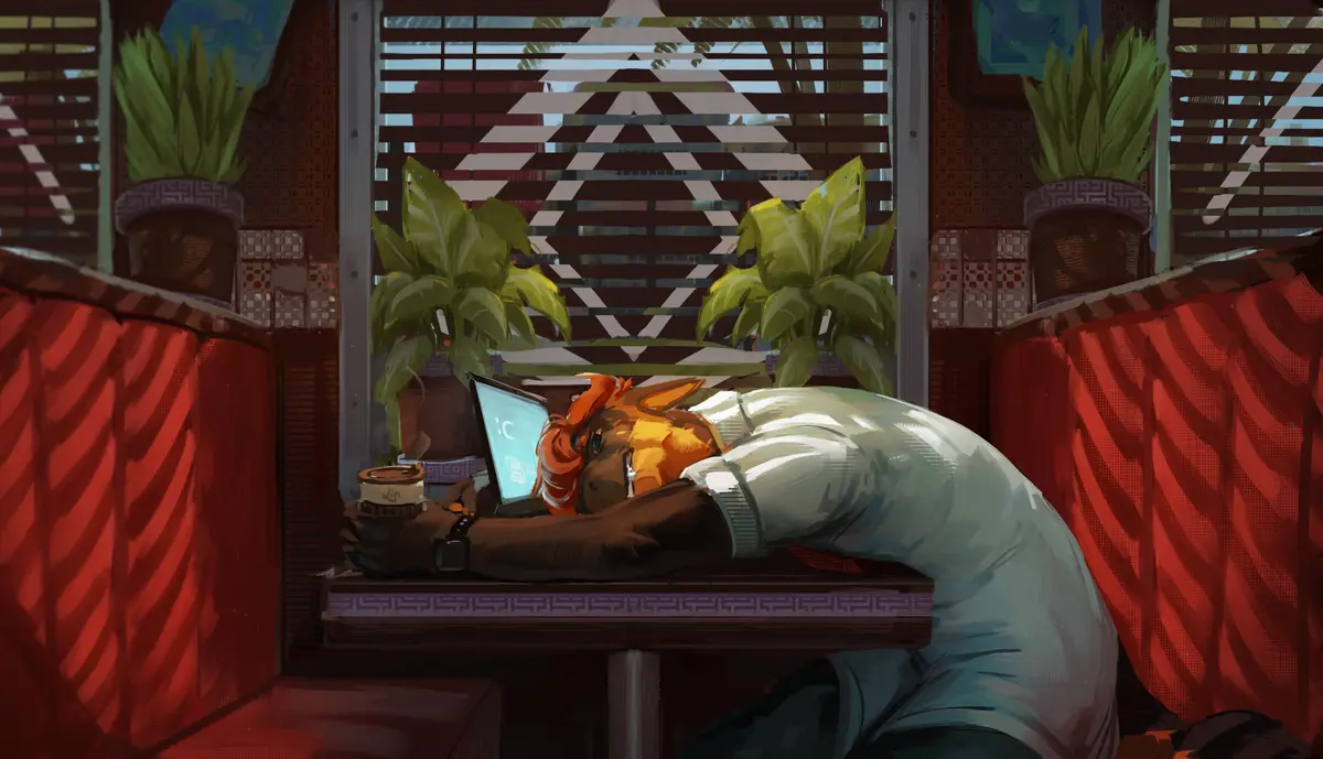 An anthropomorphic fox with orange hair is asleep at a cafe table, head resting on a laptop displaying a ':c' emoji, with a…