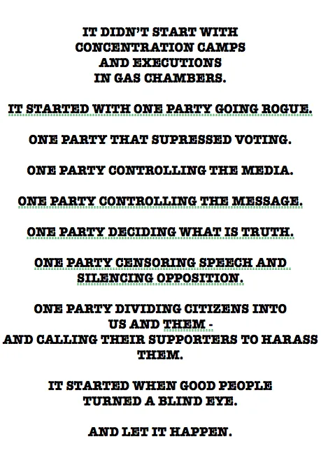 A white background image displays bold black text listing a series of escalating authoritarian behaviors, starting with 'IT…