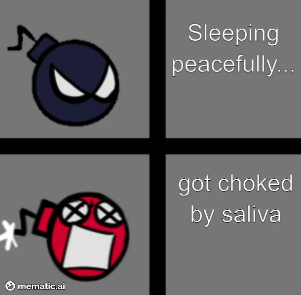 A four-panel meme featuring cartoon bombs. Top left: a dark blue bomb with a lit fuse, eyes closed, text says 'Sleeping…