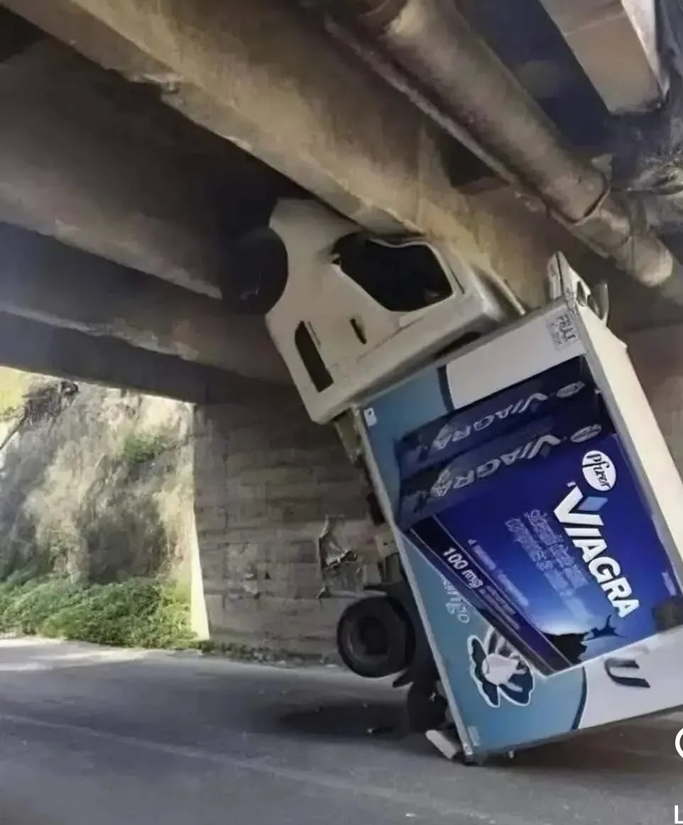 A white truck is stuck upside down under a concrete overpass, its cargo box prominently displaying large blue and white…