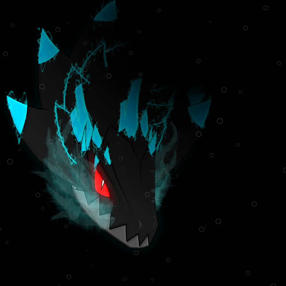 A stylized, menacing black dragon head with glowing cyan spikes and a single glowing red eye, set against a black background…
