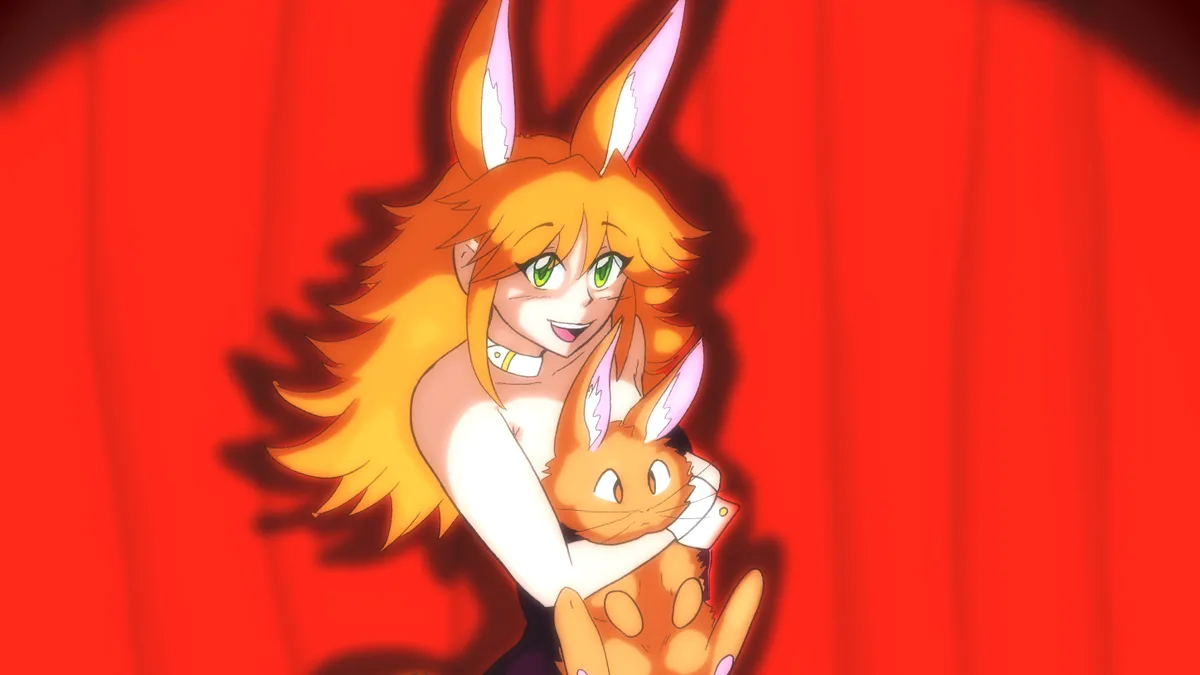 An anime-style illustration shows a smiling orange-haired girl with bunny ears holding a smaller orange bunny. Both have…