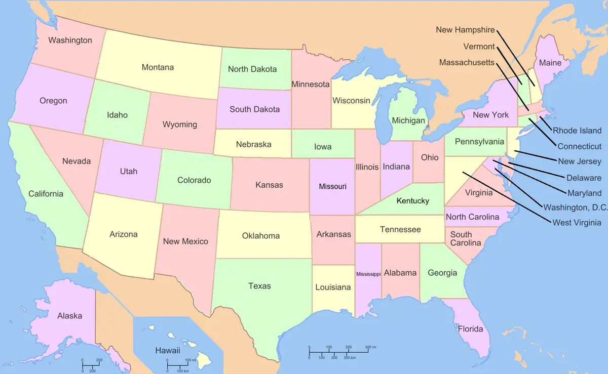A colorful map of the United States with state names labeled. Black lines point from the Atlantic coast to a list of states…