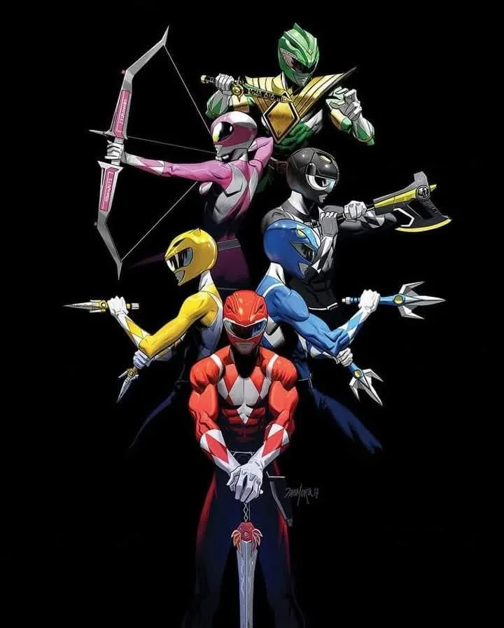 A stylized illustration of five Power Rangers—Red, Yellow, Blue, Pink, and Green—posed heroically against a black…