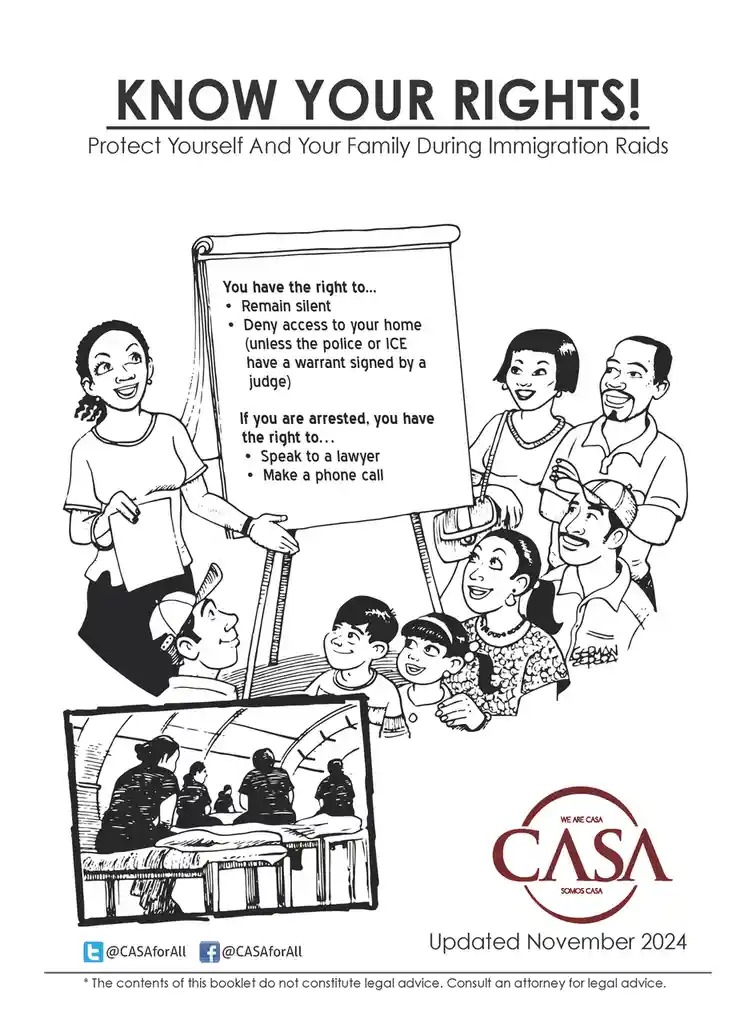 A black-and-white informational poster shows a woman presenting a scroll listing rights during immigration raids, such as…