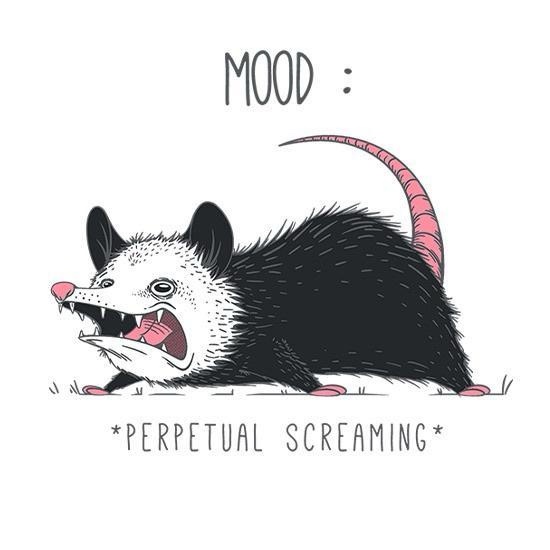 A cartoon illustration of an opossum with its mouth wide open in a scream, showing sharp teeth and a pink tongue, its body…