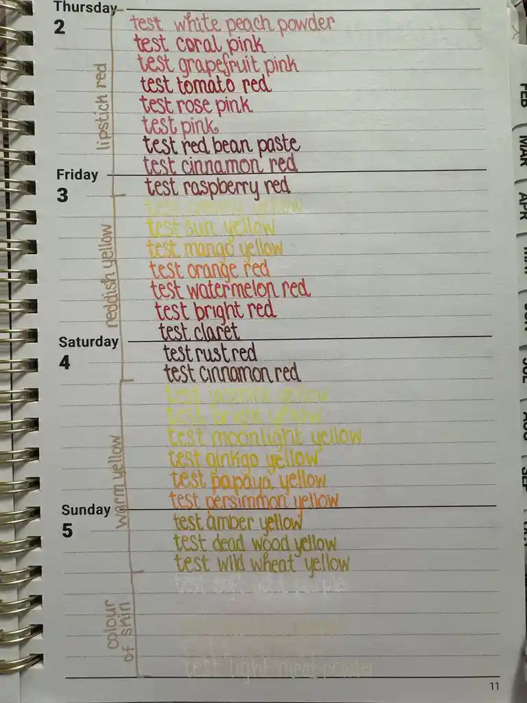 A spiral-bound planner page shows a weekly schedule from Thursday to Sunday, with handwritten notes listing dozens of 'test'…