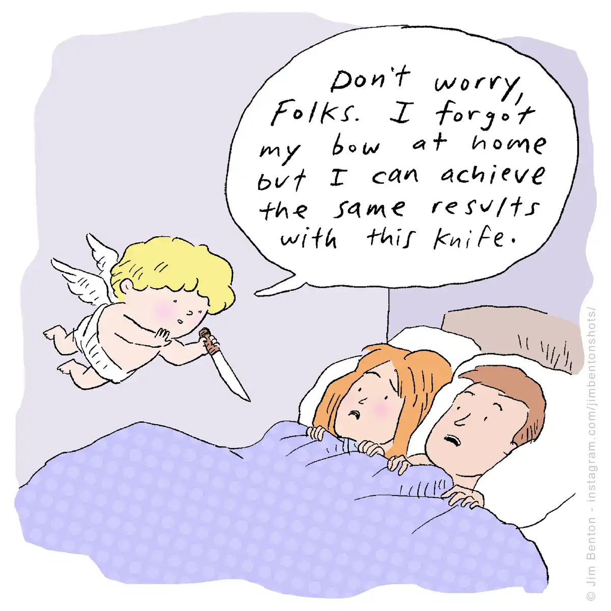 A cartoon cupid with blonde hair and wings floats above a couple in bed, holding a knife. The cupid's speech bubble reads…