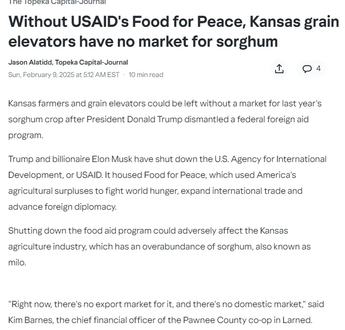 A screenshot of a news article from The Topeka Capital-Journal dated February 9, 2025, with the headline 'Without USAID's…