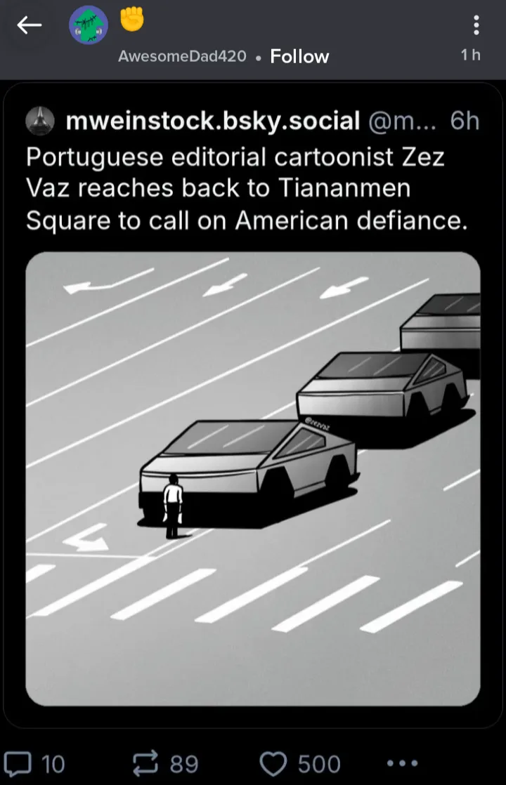 A black-and-white cartoon depicts a small human figure standing in the middle of a multi-lane road, facing a line of three…