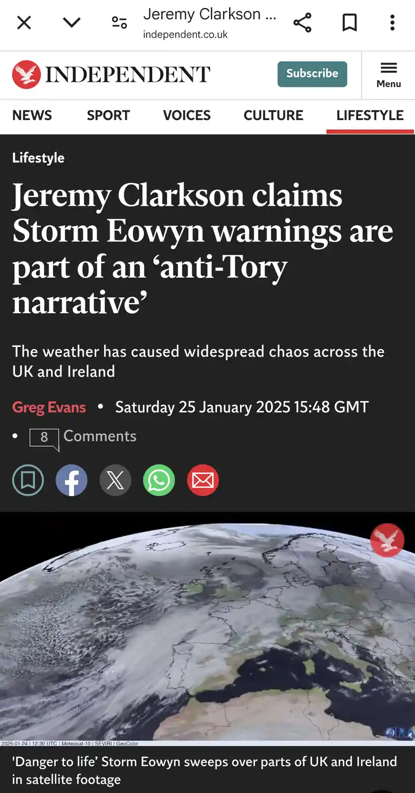A screenshot of an Independent.co.uk news article shows a headline about Jeremy Clarkson claiming Storm Eowyn warnings are…
