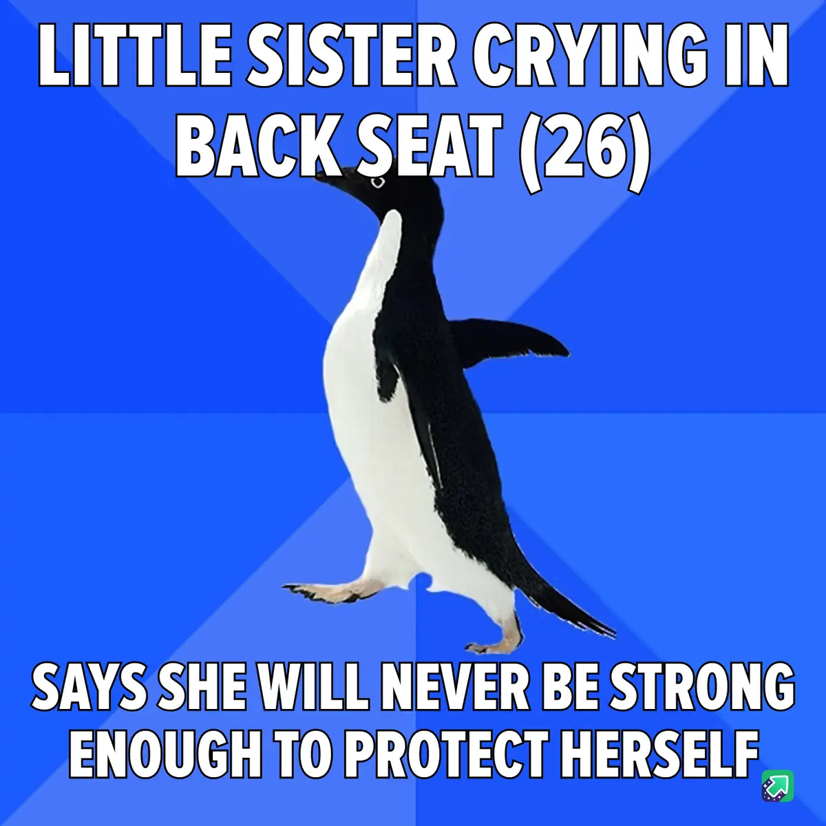 A penguin stands upright against a blue background with diagonal light rays. The text at the top reads 'LITTLE SISTER CRYING…