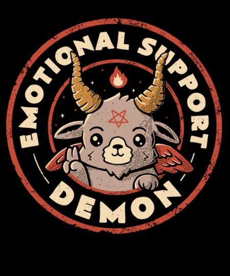 A circular, vintage-style emblem features a cute, cartoonish goat-like creature with small horns, tiny red wings, and a red…