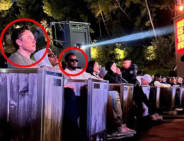 A nighttime photo shows two men circled in red among an audience seated in wooden booths. The man on the left, Elon Musk, is…