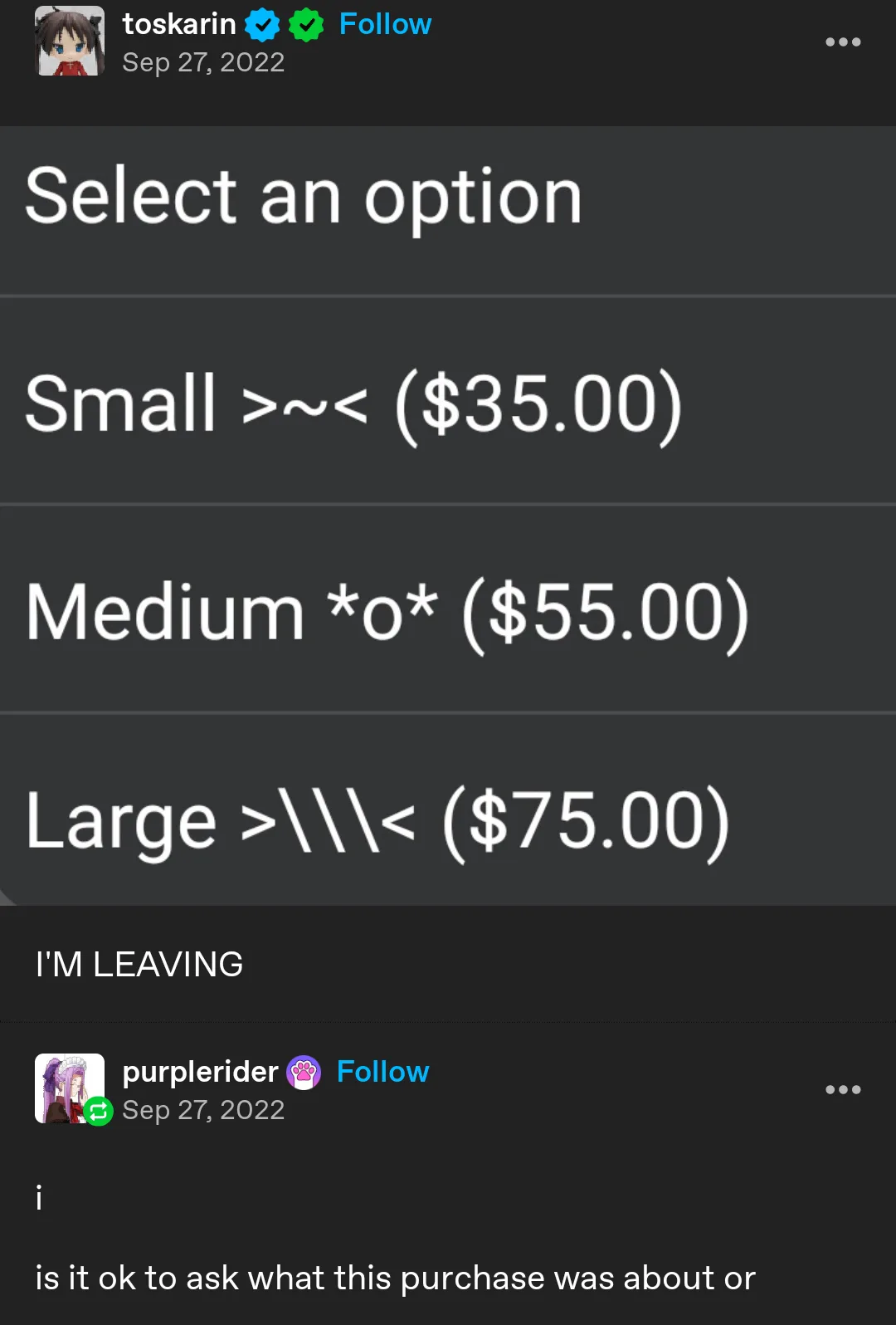 A screenshot of a social media post showing a menu with size options for a purchase: 'Small >~< ($35.00)', 'Medium *o*…