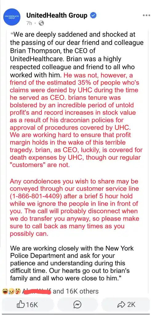 A screenshot of a UnitedHealth Group Facebook post mourning the death of CEO Brian Thompson, with the text humorously edited…