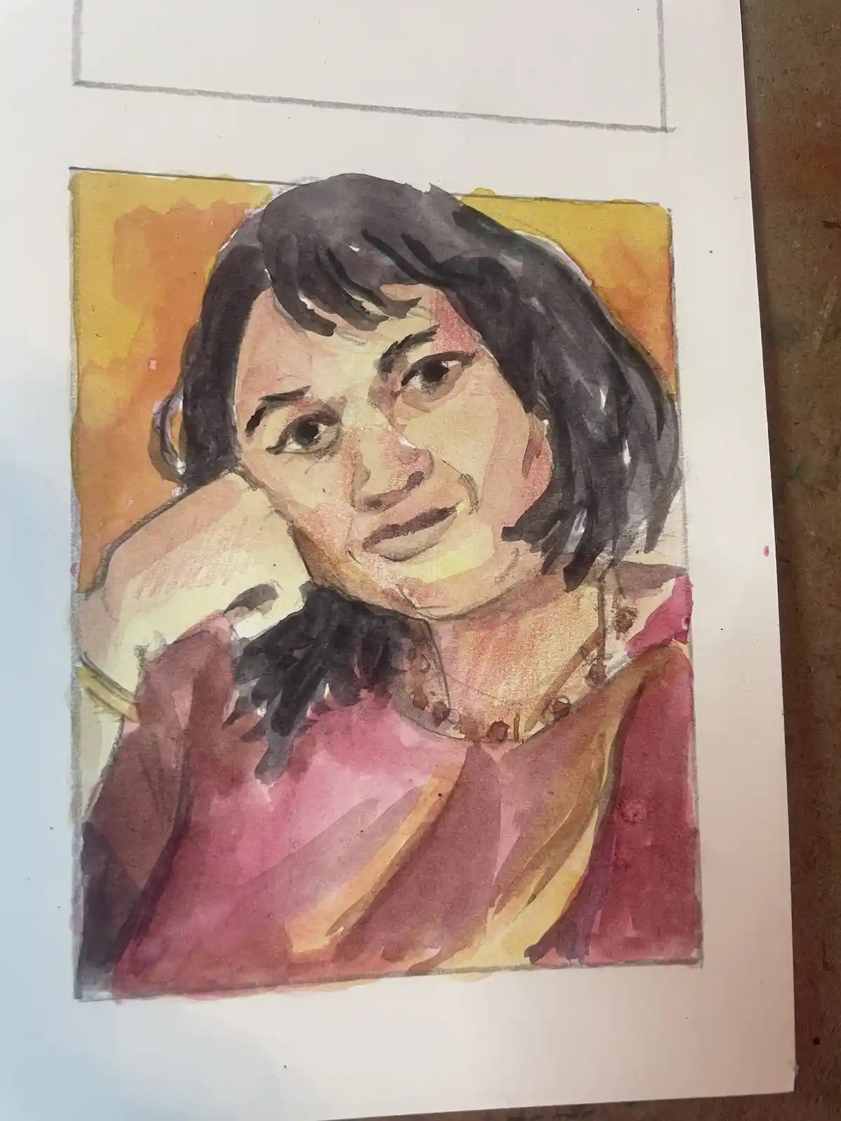 A watercolor portrait of a woman with short dark hair, wearing a pink top and a necklace, set against a yellow-orange…