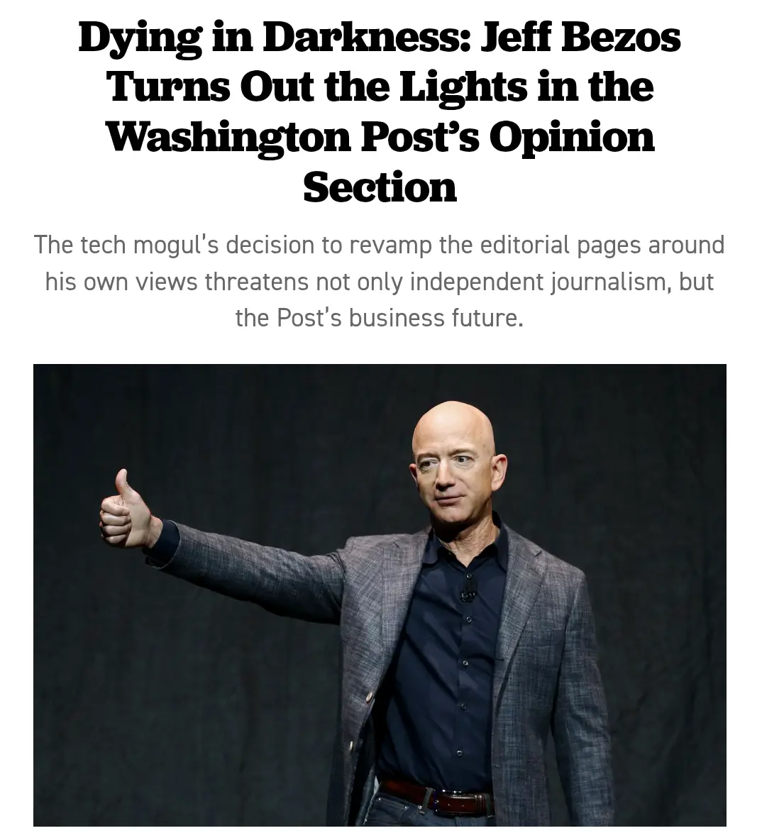 The image shows Jeff Bezos giving a thumbs-up gesture while wearing a gray suit jacket and dark shirt. Overlaid text mimics…